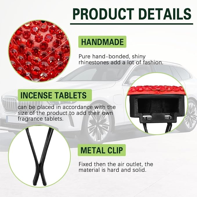 2PCS Bling Heart Air Vent Clips, Heart Car Accessories, Bling Heart Charm Air Conditioning Outlet Clip, Car Interior Decor Air Fresheners Vent Clips Universal Fit for Women and Girls (Red)