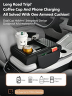 Car Armrest Pad with Built-in Induction Charging, Leather Center Console Cushion with 15W Power Pad, Dual Cup Holders, Storage Pockets - Beige