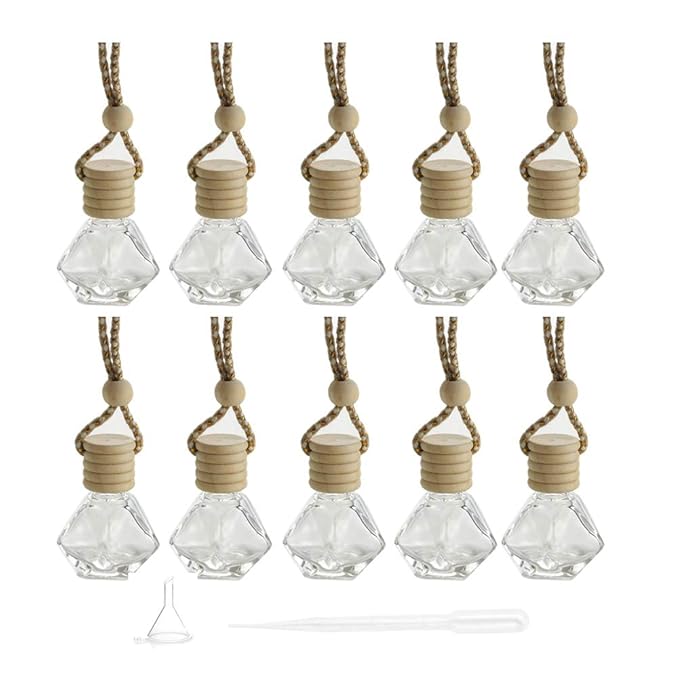 10 Packs Car Hanging Diffuser Empty Glass Perfume Bottles Air Freshener Diffuser Bottle Pendant Oil Fragrance Aromatherapy Bottle Ornament Decor (diamond)