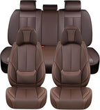 Coverado Front and Back Seat Covers, 5 Pieces Waterproof Nappa Leather Auto Seat Protectors Full Set with Head Pillow, Universal Car Accessories Fit for Most Sedans SUV Pick-up Truck, Brown
