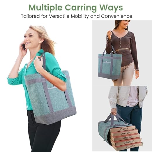 CIVJET Insulated Reusable Tote Bag for Grocery Shopping for Women/Men, Waterproof Cooler Bags for Travel/Beach/Picnic, Pizza/Food Delivery Bag to Keep Food Cold/Hot (Cationic Cloth, Green，2-Pack)