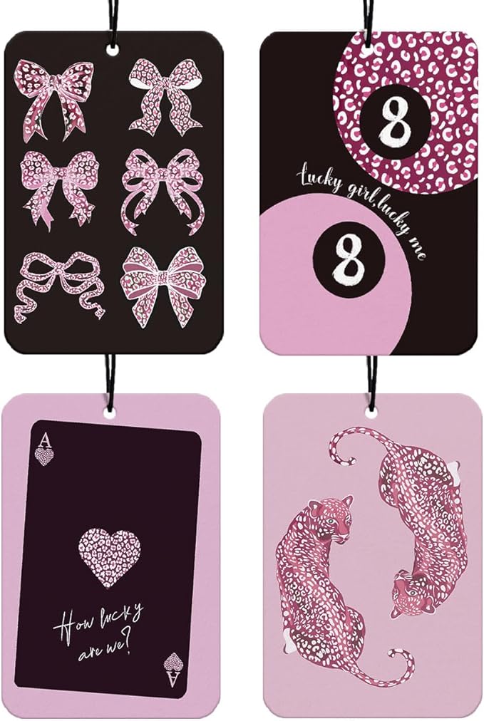 Retro Pink Leopard Car Air Freshener 4Pcs, Pink Black Cheetah Print Car Accessories Interior, Lucky 8 Ball Bows Girly Mirror Decor Hanging, Coquette Bows Air Freshener for Women Cars (Vanilla)
