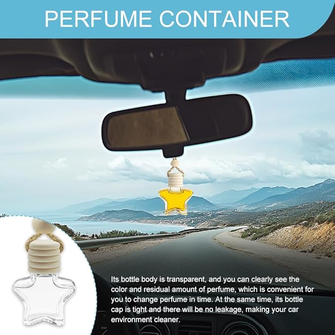 5PCS Hanging Car Air Freshener, Car Air Freshener Diffuser, 8ml Empty Glass Auto Oil Perfume Aromatherapy Diffuser Charms, Refillable Perfume Bottles for Most Vehicles (Star, Style 1)