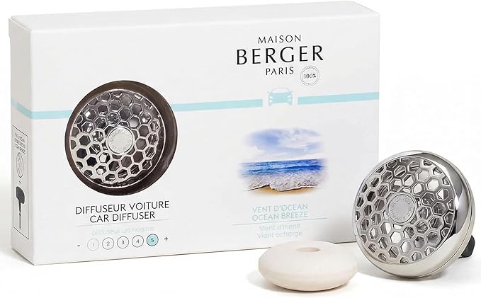 Maison Berger Car Diffuser Set – Refillable Vent Clip, Ceramic Refill, Made in France - Luxury Auto Scent - 4-Week Diffusion - Elegant Air Freshener for All Car Vents (Ocean Breeze)