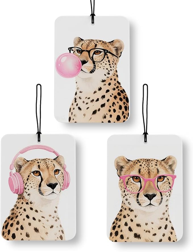 Trendy Leopard Print Car Air Freshener 3 Pcs, Funky Y2k Girly Pink Bubblegum Cheetah Decor for Cars Closet Drawer Books Accessories Gifts