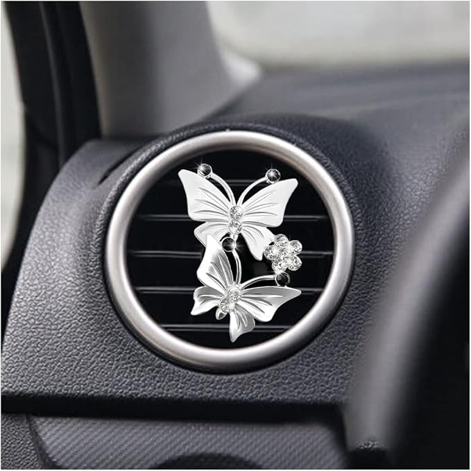 1PC Car Air Fresheners Vent Clips, Cute Dual Butterfly Diamond Rhinestone Car Vent Clip, Air Outlet Perfume Diffuser, Sparkly Bling Car Interior Decoration Accessories for Girls Women