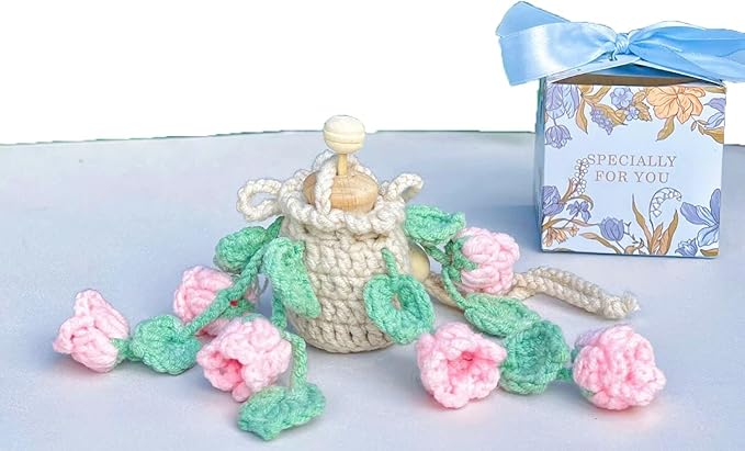 Handmade Crochet Hanging Essential Oil Diffuser Plant for Car Air Freshener | Cute Décor Knitted Succulent Fresheners for Refillable Scent Oils Holder Deffusers (Bellflower)