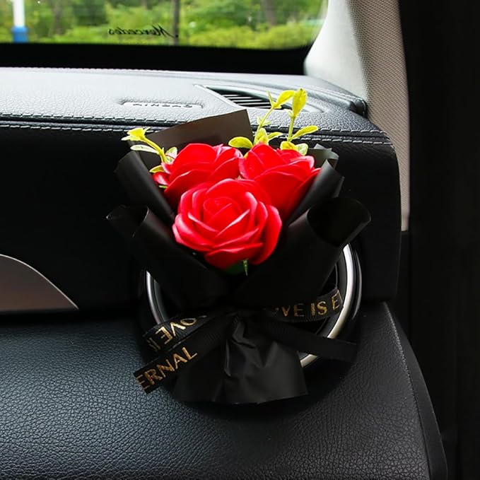 Mini Car Vent Clip Air Freshener, Aesthetic Floral Soap Rose Bouquet Diffuser Decor, Reusable Essential Oil Aroma Pad, Cute Car Accessories Gift for Women (Style B)