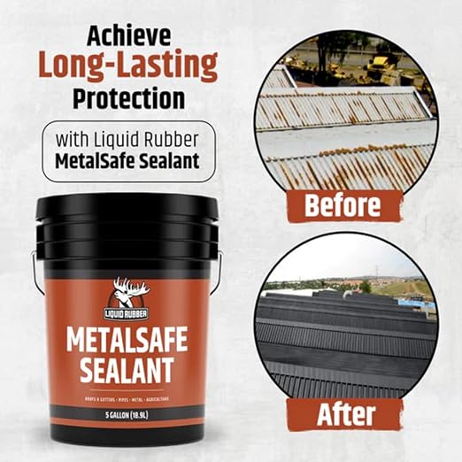 Liquid Rubber MetalSafe Sealant - Metal Roof Waterproof Membrane Coating and Corrosion Protection, Solar Resistant, Indoor and Outdoor Use, Easy to Apply, 5 Gallon, Black