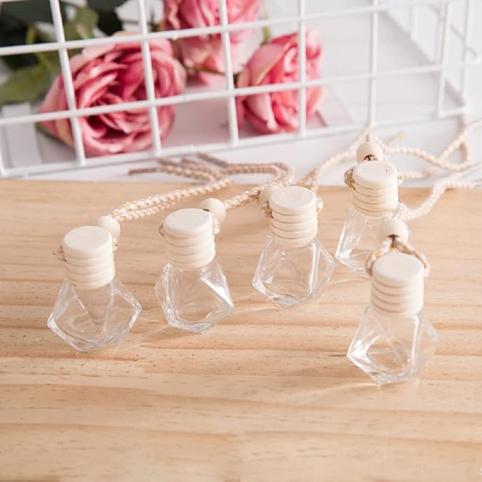 4Packs 8ml Hanging Car Air Freshener Perfume Bottle, Refillable Aromatherapy Fragrance Clear Empty Essential Oil Diffuser Pendant Auto Ornaments Decor Accessories with Wooden Caps (4Packs)
