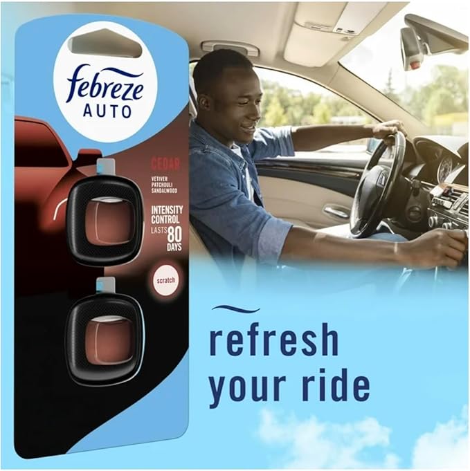 Febreeze Auto Air Freshener Vent Clips, Cedar with Vetiver, Patchouli, Sandalwood Scent, 2 Count, 80 Day Intensity Control