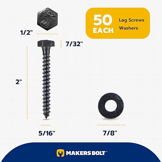 5/16 x 2 (50 Pack) Lag Screw Kit, 50 Screws and 50 Washers, Ceramic Black Ruspert Coating for Exterior Use, Meets ASTM A307 and ASME B18.2.1, Industrial/Commerical Grade by Makers Bolt