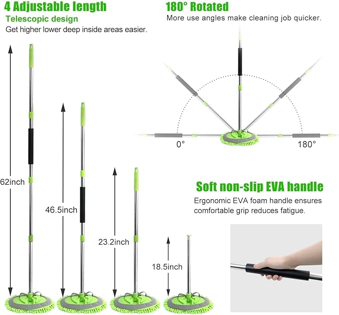 62'' Car Wash Brush Cleaning Kits with Long Handle Foldable Car Wash Brush Windshield Window Squeegee Car Washing Supply Set for All Car