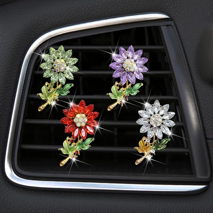 Bling Sunflower Air Vent Clips, Sunflower Car Air Fresheners Vent Clips Car Diffuser Diamond Car Decoration Rhinestone Car Interior Decor (Purple)