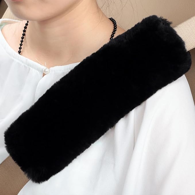 Soft & Cozy Australian Sheepskin Car Seat Belt Covers,2 Pack Fluffy Seatbelt Pads, Genunie Sheepskin Fur Shoulder Straps Cushions for Adults Kids Women and Men (Black)