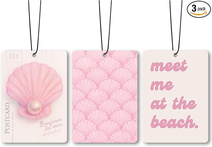 Pink Coastal Seashell Car Air Freshener Accessories 3pcs, Preppy Meet Me at The Beach Hanging Air Fresheners Decor for Girly Beachy Room Closet, Trendy Scent Lavender Fragrance Card for Women