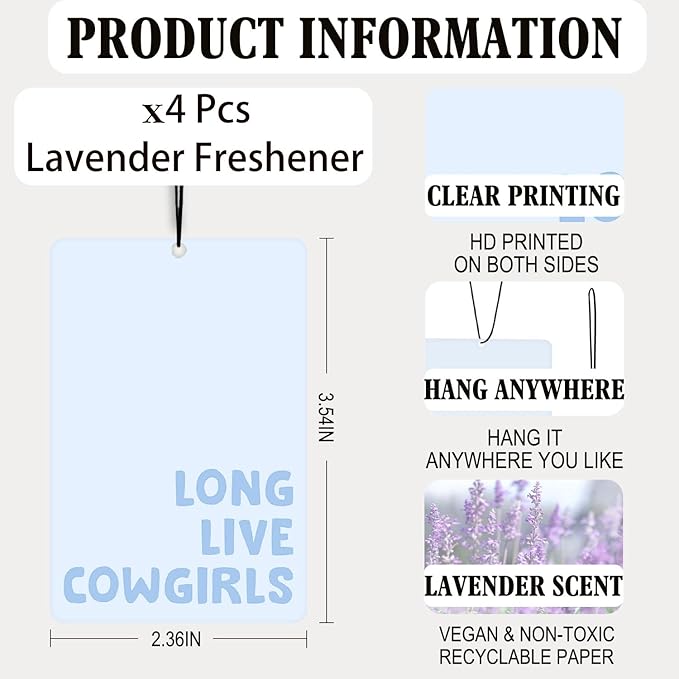 Preppy Blue Western Cowgirl Lavender Car Air Freshener 4 Pcs, Girly Floral Cowgirl Boots Air Freshener Hanging Decor for Cars Closet Drawer Books, Cute Areadeodorizer Gifts for Women Girls