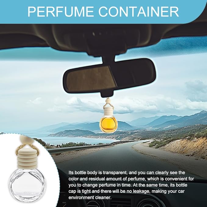 5PCS Hanging Car Air Freshener, Car Air Freshener Diffuser, 8ml Empty Glass Auto Oil Perfume Aromatherapy Diffuser Charms, Refillable Perfume Bottles for Most Vehicles (Oblateness, Style 1)