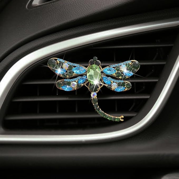 4Pcs Bling Rhinestone Crystal Dragonfly Air Freshener Vent Clips,Cute Car Air Fresheners Vent Clips Accessories,Refillable Car Diffuser, Glamorous Auto Decor (Green)