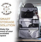 Living in a Bubble Seat back Organizer – Magnetic Toiletry and Cooler Pouch, Cordura Car Backseat Storage with Device Holder & Hooks, Multi-Compartment Utility Bag for Campervans & Family Travel