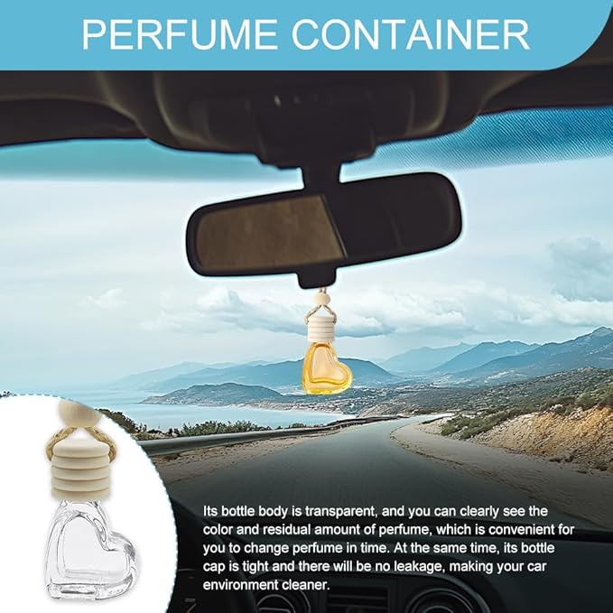 5PCS Hanging Car Air Freshener, Car Air Freshener Diffuser, 8ml Empty Glass Auto Oil Perfume Aromatherapy Diffuser Charms, Refillable Perfume Bottles for Most Vehicles (Heart, Style 1)