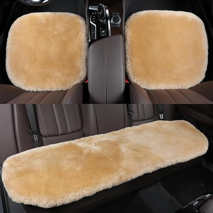 OGLAND Fluffy Genuine Australia Sheepskin Car Seat Cover for Auto Interior Accessories with Soft Fuzzy Wool Eco-Friendly Natural Fur Non-Slip (Honey Beige, Back)