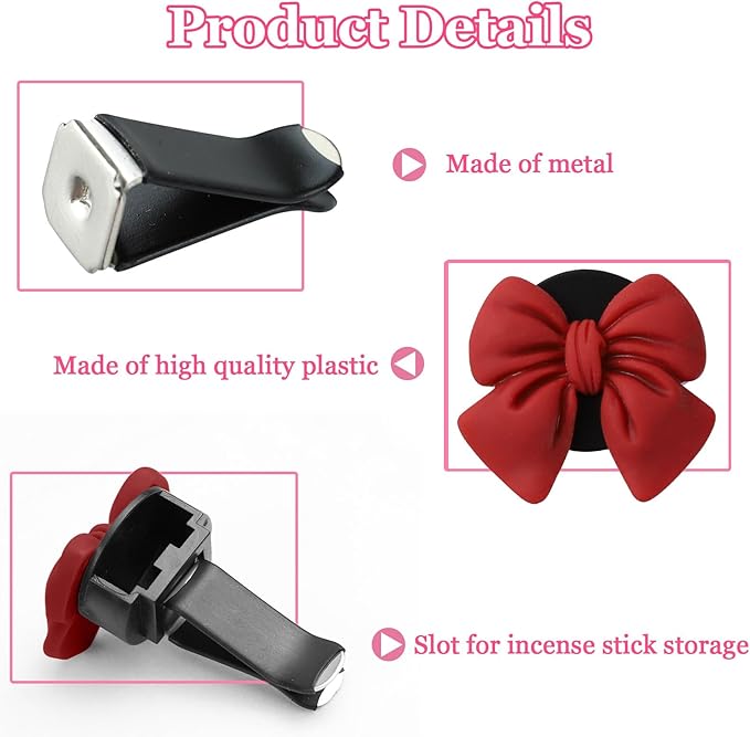 Wuyaoyao 6PCS Bow Car Air Freshener Clips, Cute Bow Car Air Vent Clip, Coquette Auto Air Conditioning Outlet Diffuser Perfume Clips, Interior Decoration, Auto Decor for Women Girls (Red, 6PCS)