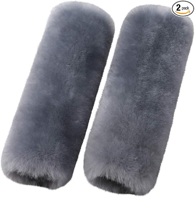OGLAND 2 Pack Natural Fur Comfort Auto Authentic Sheepskin Car Seat Belt Pads for Adults, Soft Texture Shoulder Neck Cushion Pad Protector, Genuine Australia Merino Wool Cover (Blue Gray)