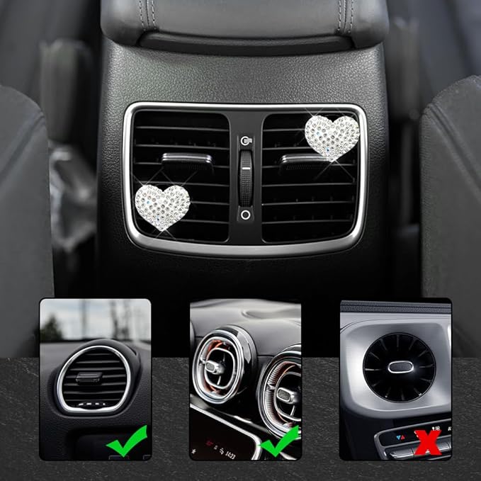 4PCS Bling Heart Air Vent Clips, Car Air Freshener for Women, Air Fresheners Diffuser Clip Charm, Car Air Conditioning Outlet Clip Decorative Accessory for Women Girls (White, Style1)