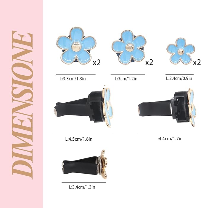 6pcs Flower Car Vent Clips,Cute Daisy Car Air Fresheners,Light Blue Daisy Car Decor for Women 3.3cm/3cm/2.5cm Girly Flower Decotaion Accessories,Refillable Clips on Diffuser