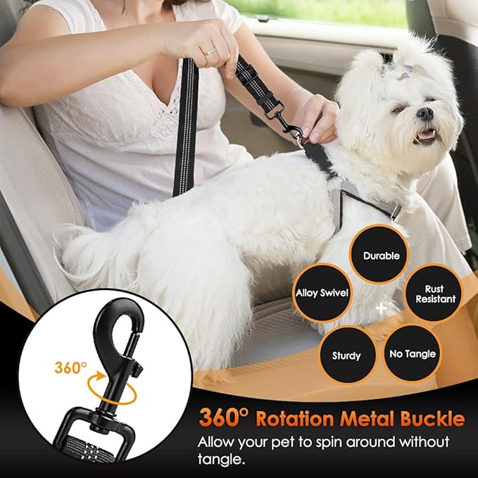 SlowTon Dog Seat Belt for Car, Adjustable 3 in 1 Dog Seatbelt with Elastic Bungee Buffer, Nylon Heavy Duty Dog Car Harness Reflective Safety Tether Leash with Latch Hook Clip Black