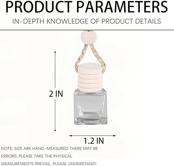 5PCS Hanging Car Air Freshener, 8 ml Oil Diffuser Perfume Aromatherapy Pendant Empty Glass Bottle, Fragrance Ornament with Vent Clip Wooden Cap and Rope, Auto Interior Decoration (Square)