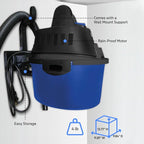 Koblenz WD-2.5L Portable Wet Dry Vacuum, 2.5-Gallon 2.5 PHP Suction Plus Blower Vacuum Cleaner for Liquids, Dust, Pet Hairs, 10’ Reach, For Car Cleaning, Wall-Mount Support, Parts Included, Blue/Black