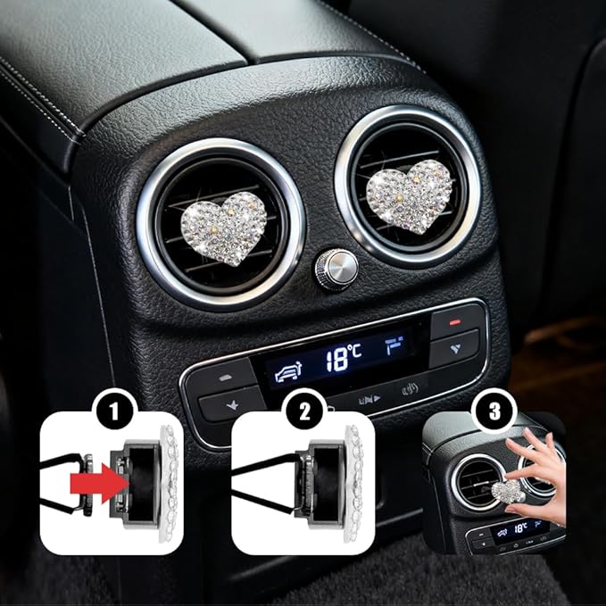 4PCS Heart-Shaped Car Vent Clip with Rhinestone, Vent Clip Car Accessories, Sparkly Rhinestone Bling Diamond Freshener Holder, Air Conditioning Outlet Ornament for Women Girls (White, Style1)