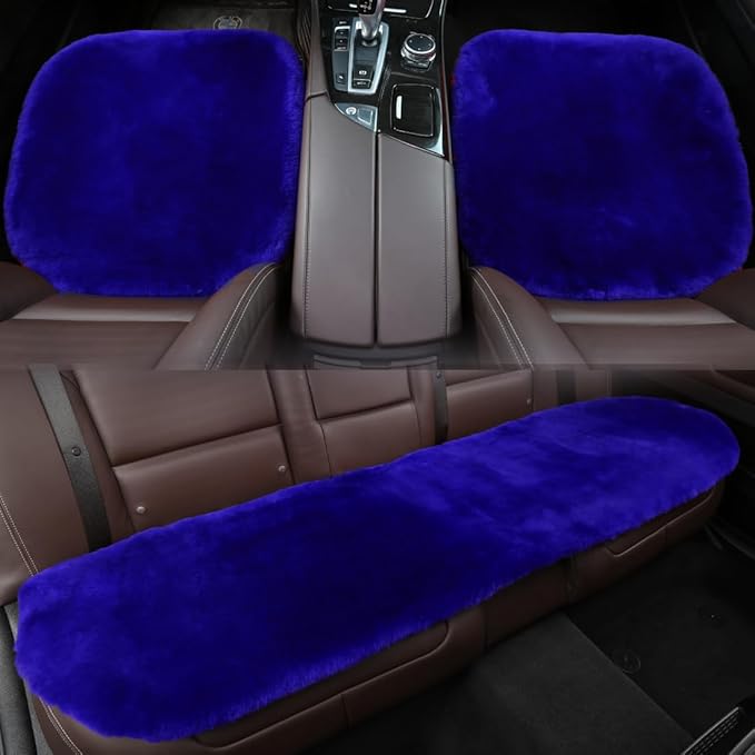 OGLAND Fluffy Genuine Australia Sheepskin Car Seat Cover for Auto Fur Interior Accessories with Soft Fuzzy Wool Non-Slip (Blue, Back)