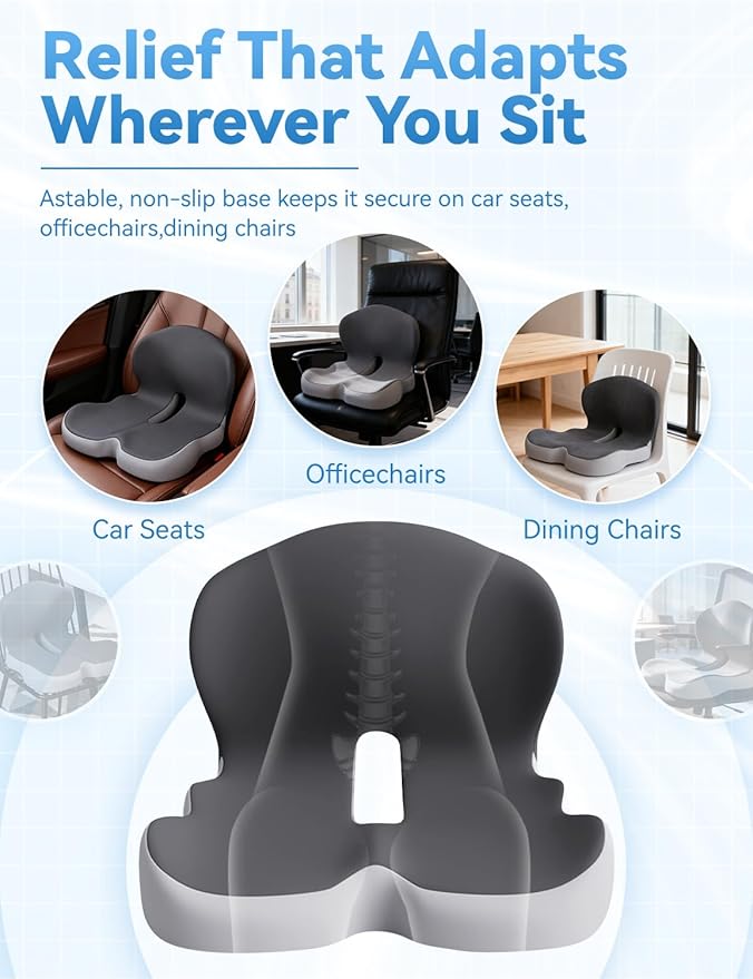Orthopedic Cushion, Ergonomic Orthopedic Cushion for Tailbone Pain Relief, with Memory Foam, Car Seat Cushion with Waist Support, Non-Slip, Breathable, Washable Cover (Black)