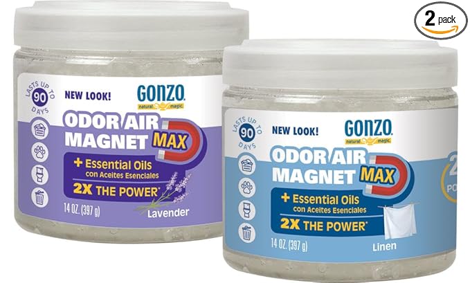 Gonzo Odor Air Magnet Max Gel Odor Eliminator (2 PACK) For Car, Closet, Trash & Pet Areas, Smoke Odors - Lavender and Linen Scent, 14 oz Jars, Blue