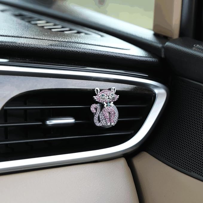 Cat Car Decor,2pcs Bling Car Air Freshener Vent Clips,Purple Princess Kitty Girly Dashboard Decorations for Women,Refillable Clips On Diffuser