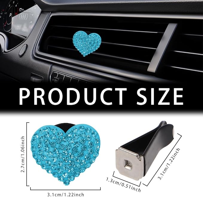Car Diffuser, Car Air Fresheners Vent Clips, Rhinestone Heart Shaped Crystal Car Air Freshener Vent Clips, Bling Air Vent Clips Bling Inter Decor Accessories Fit for Cars, Trucks (Blue)