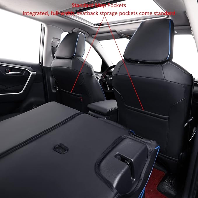 EKR Rav4 Seat Covers Custom Fit for Toyota Rav4 (Only Hybrid) 2019-2025 LE,XLE,XLE Premium,Limited,Woodland Edition, Leather Car Seat Cover Full Set for SUV,Faux Leather(Black with Blue Piping)