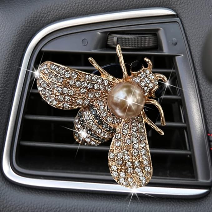 Shiny Bee Car Air Freshener Dashboard Outlet Vent Clips，Pearl Diamond Bee Car Perfume Car Air Conditioner Air Outlet Decoration Aromatherapy Clip，cute Bling Bee Charms Rhinestone Auto Interior Decorations Accessory (Gold)