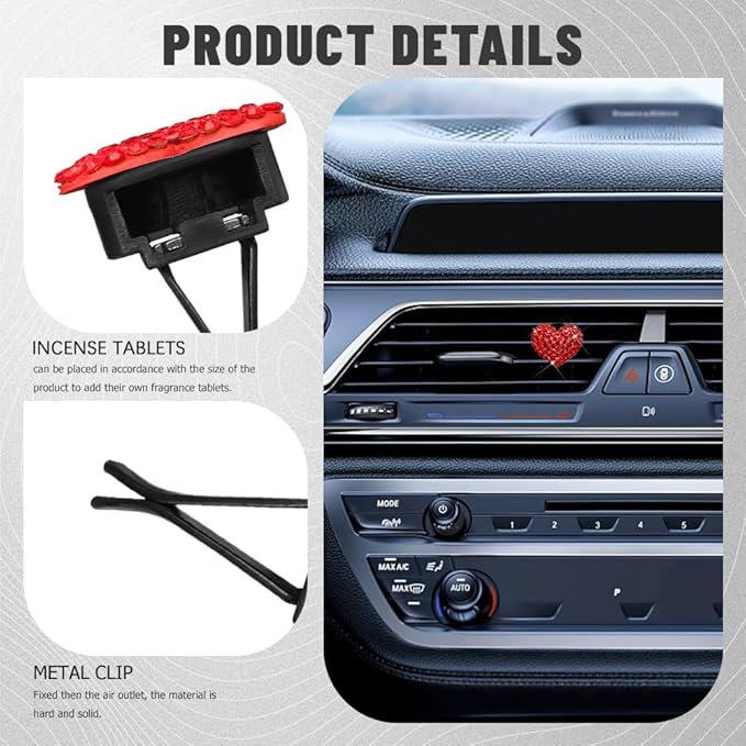 2PCS Bling Heart Air Vent Clips, Heart Shaped Crystal Air Freshener Vent Clips, Rhinestone Air Conditioning Outlet Clip, Universal Interior Decor Car Accessories for Women Girl (Red)