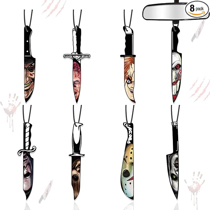 Car Air Fresheners Horror Movie Merchandise Gifts Christmas Tree Decoration 8PCS, Mirror Hanging Knife Ornament Classic Character Indoor Accessory for Men Women Lover Blk Ice Scent