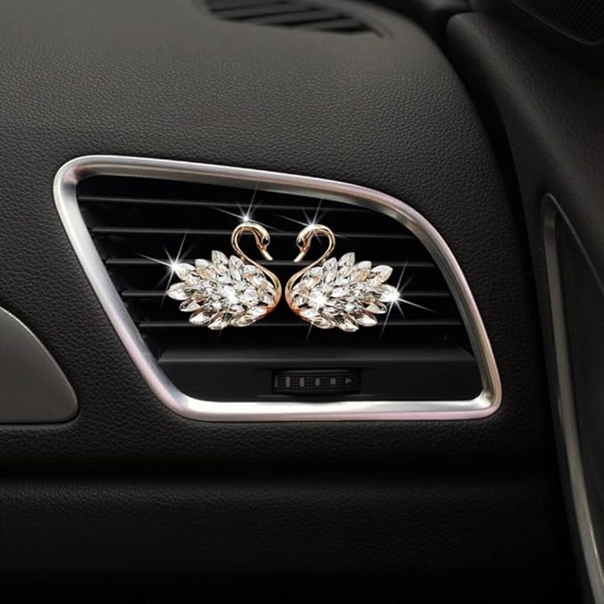 Katutude 2 Pcs Crystal Swan Car Air Vent Clips with Fragrance Tablets, Car Diffuser Air Freshener Vent Clips Air Conditioner Outlet Clip Charm Bling Car Interior Decoration, White