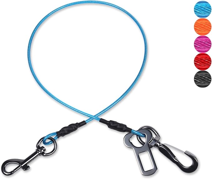 VIVAGLORY Dog Seat Belt Tuffbelt Dog Car Harness, Seatbelt with Clip & Hook for Car Travel, Chew Proof Anti Chew Unchewable Metal Safety Tether Restraint, M, Blue