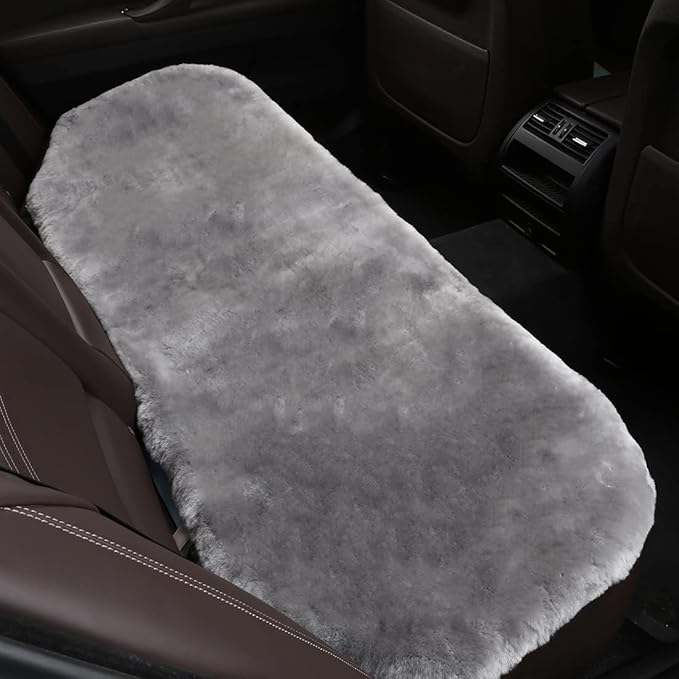 OGLAND Fluffy Genuine Sheepskin Car Back Seat Cover for Auto Fuzzy Interior Accessories with Soft Wool Eco-Friendly Natural Fur Non-Slip (Misty Gray, Back)