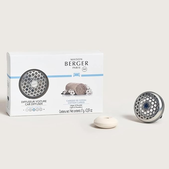 Maison Berger Car Diffuser Set – Refillable Vent Clip, Ceramic Refill, Made in France - Luxury Auto Scent - 4-Week Diffusion - Elegant Air Freshener for All Car Vents (Cotton Caress)