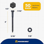 5/16 x 4 (50 Pack) Lag Screw Kit, 50 Screws and 50 Washers, Ceramic Black Ruspert Coating for Exterior Use, Meets ASTM A307 and ASME B18.2.1, Industrial/Commerical Grade by Makers Bolt