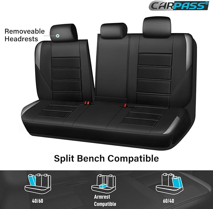CAR PASS Memory Foam Back Car Seat Covers,Thick 3D Foam Mesh Bench Seat Covers Leather Metallic, Air Cool Rear Seat Cover Black Gray Aluminum Film, Comfort for Cars, Trucks, SUVs Automotive,Black Gray