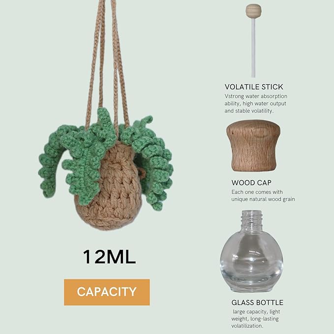 Handmade Crochet Hanging Car Air Freshener - Botanical Fern Leaf Design with 12ml Refillable Glass Essential Oil Bottle, Long-Lasting Car Diffuser & Nature-Inspired Decor